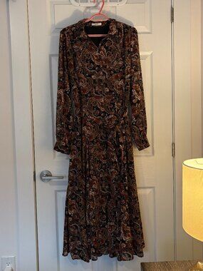Suzy Shier Floral Paisley Long Sleeve Maxi Shirt Dress, Chiffon, Black, Size L